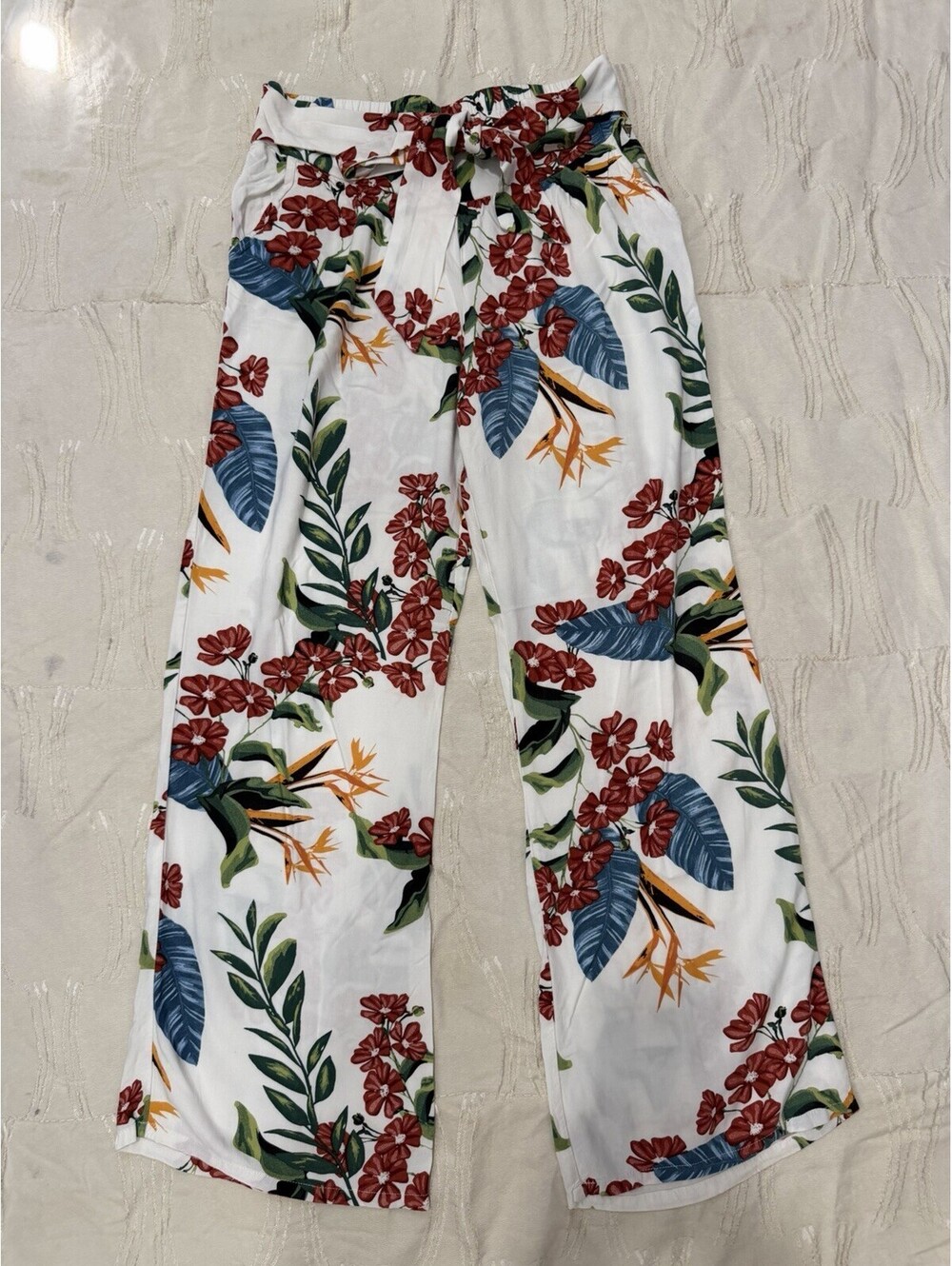 GUESS Womens Size M Tropical Floral Wide Leg Pants High Rise Tie Waist
